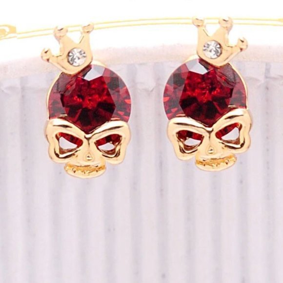 Ruby Red Skull & Crown Stud Earrings - Picture 1 of 3